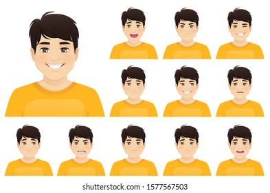 Young asian man with different facial expressions set vector illustration isolated