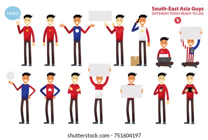Young Asian Man in Different Poses. South-East Asia Guy in Casual Clothes. China, Vietnam, Malaysia, Laos, Philippines, Thailand, Indonesia, Cambodia and Singapore Flags Vector Character Illustration
