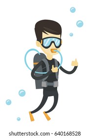 Young asian man in diving suit snorkeling and giving thumb up. Man diving with scuba and showing ok sign. Man enjoying the diving. Vector flat design illustration isolated on white background.