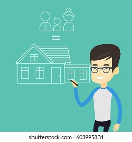 Young asian man drawing a family house. Smiling man drawing a house with a family. Happy man dreaming about future life in a new family house. Vector flat design illustration. Square layout.