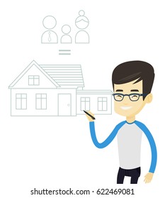 Young asian man drawing a family house. Smiling man drawing a house with a family. Man dreaming about future life in a new family house. Vector flat design illustration isolated on white background.