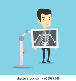 Young asian man during chest x ray procedure. Smiling man with x ray screen showing his skeleton. Happy patient visiting roentgenologist. Vector flat design illustration. Square layout.