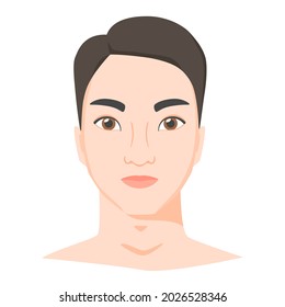 Young asian man face. Male portrait of brunette in flat style. Front view. Vector 