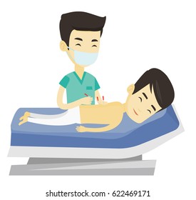 Joven asiático en tratamiento de acupuntura en un centro de bienestar. Acupunturista realizando terapia de acupuntura en la parte posterior de un cliente. Ilustración de diseño plana vectorial aislada en fondo blanco.