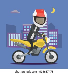 Young asian man in helmet riding a motorcycle on the background of night city. Man driving a motorcycle on city road. Man riding a motorcycle at night. Vector flat design illustration. Square layout.