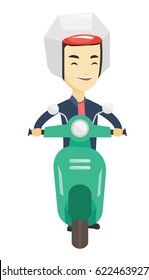 Young asian man in helmet riding a scooter outdoor. Man traveling on a scooter. Front view on a happy man enjoying his trip on a scooter. Vector flat design illustration isolated on white background.