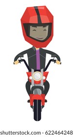 Young asian man in helmet riding a motorcycle. Happy man driving a motorcycle. Front view on a smiling man riding a motorcycle. Vector flat design illustration isolated on white background.