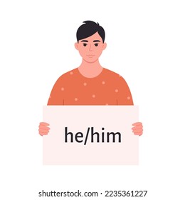 Young asian man holding sign with gender pronoun. She, he, they, non-binary. Gender-neutral movement. LGBTQ community. Hand drawn vector illustration