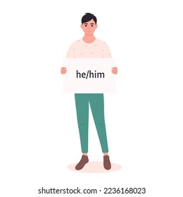 Young asian man holding sign with gender pronoun. She, he, they, non-binary. Gender-neutral movement. LGBTQ community. Hand drawn vector illustration