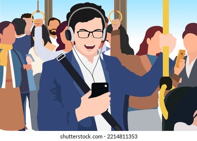 young asian man listening to music on public transportation