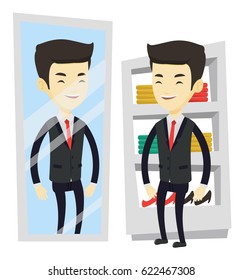 Joven asiático mirándose a sí mismo en un espejo en un vestidor. Hombre probando traje en vestidor. Hombre eligiendo traje en vestidor. Ilustración de diseño plana vectorial aislada en fondo blanco.