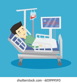 Joven asiático en la cama en el hospital. Pacientes descansando en cama de hospital con monitorización de la frecuencia cardíaca. Paciente durante el procedimiento de transfusión sanguínea. Ilustración de diseño plana vectorial. Diseño cuadrado.