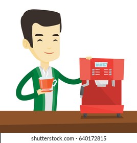 Young asian man making coffee with a coffee-machine. Man holding cup of hot flavoured coffee in hand. Man standing beside a coffee machine. Vector flat design illustration isolated on white background