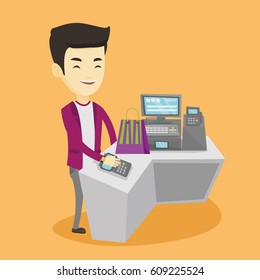 Young asian man paying wireless with his smart watch at the checkout counter. Customer making payment for purchase with smart watch. Man doing shopping. Vector flat design illustration. Square layout.