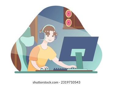 Young asian man playing video game. Professional streamer in a headphones with a gamepad and big display. Modern hobby and entertainment. Flat vector illustration
