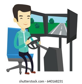 Young asian man playing video game with gaming wheel. Happy gamer driving autosimulator in game room. Man playing car racing video game. Vector flat design illustration isolated on white background.