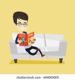 Young asian man reading a magazine. Relaxed man sitting on sofa and reading magazine. Smiling man sitting on the couch with magazine in hands. Vector flat design illustration. Square layout.