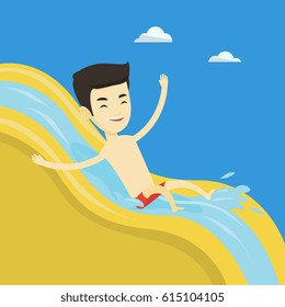 Young asian man riding down a waterslide at the aquapark. Cheerful man having fun on a water slide in waterpark. Man going down a water slide. Vector flat design illustration. Square layout.