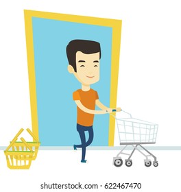 Joven asiático corriendo a la tienda con carro. Hombre corriendo a comprar con vagones de compras vacíos. Hombre empujando el tranvía del supermercado. Ilustración de diseño plana vectorial aislada en fondo blanco.