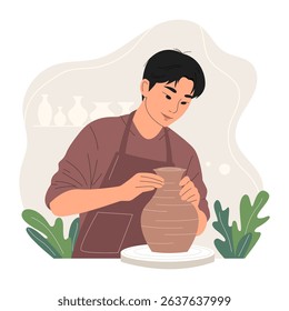 Young asian man shaping clay on a spinning pottery wheel. Creative hobby and traditional craft concept. Trendy flat hand drawn vector illustration of character, pottery workshop. Handmade ceramic vase