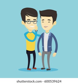 Young asian man shielding his mouth and whispering a gossip to his friend. Two happy men sharing gossips. Smiling friends discussing gossips. Vector flat design illustration. Square layout.