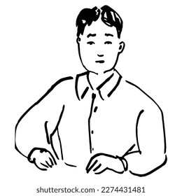 Young Asian man in a shirt. Hand drawn linear doodle rough sketch. Black silhouette on white background.