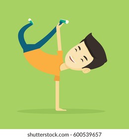 Young Asian Man Showing His Skills In Break Dance. Happy Breakdance Dancer Doing Handstand. Young Smiling Man Dancing. Strong Man Breakdancing. Vector Flat Design Illustration. Square Layout.