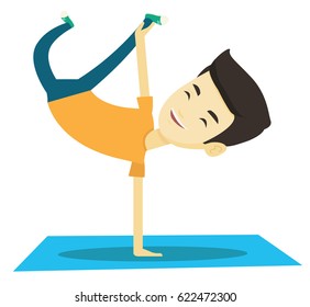 Young Asian Man Showing His Skills In Break Dance. Breakdance Dancer Doing Handstand. Young Smiling Man Dancing. Strong Man Breakdancing. Vector Flat Design Illustration Isolated On White Background.