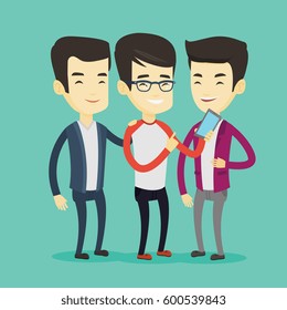 Joven asiático mostrando algo a sus amigos en su smartphone. Tres felices amigos mirando el smartphone y riendo. Hombre usando smartphone. Ilustración de diseño plano vectorial. Diseño cuadrado.