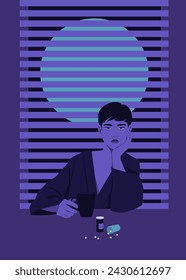 A young Asian man sits in a dark room and suffering. Depression and insomnia. Vector flat illustration