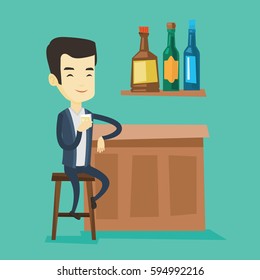 Young asian man sitting at the bar counter. Man sitting with glass in bar. Cheerful man sitting alone and celebrating with an alcohol drink in bar. Vector flat design illustration. Square layout.