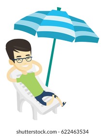 Young asian man sitting in beach chair. Man resting on holiday while sitting under umbrella on a beach chair. Happy man relaxing on beach. Vector flat design illustration isolated on white background.