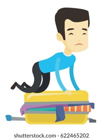 Young Asian Man Sitting On Suitcase And Trying To Close It. Sad Man Having Problems With Packing A Lot Of Clothes Into A Single Suitcase. Vector Flat Design Illustration Isolated On White Background.