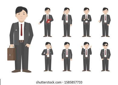 Young Asian Man Standing In Different Poses. Vector Illustration.