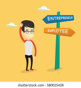 Young asian man standing at road sign with two career pathways - entrepreneur and employee. Man choosing career way. Man making a decision of his career. Vector flat design illustration. Square layout