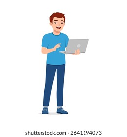 A young asian man standing while holding laptop smiling expression happy expression, digital art.