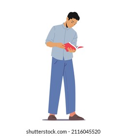 Young Asian Man Student Character Reading Book. College or University Education, Prepare to Exam, Male Character Get Knowledge, Enjoying Reading Hobby. Cartoon People Vector Illustration