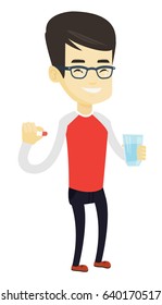 Joven asiático tomando píldoras. Hombre sano sosteniendo pastillas y vaso de agua en las manos. Hombre sonriente tomando píldoras. Concepto de estilo de vida saludable. Ilustración de diseño plana vectorial aislada en fondo blanco.