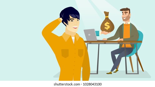 Young asian man thinking about starting to earn money from online business while his happy caucasian white friend getting money bag from a computer. Vector cartoon illustration. Horizontal layout.