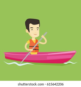 Young asian man traveling by kayak. Sportsman riding in a kayak in the river. Male kayaker paddling. Sportsman paddling a canoe. Vector flat design illustration. Square layout.