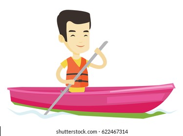 Young asian man traveling by kayak. Sportsman riding in a kayak in the river. Male kayaker paddling. Sportsman paddling a canoe. Vector flat design illustration isolated on white background.