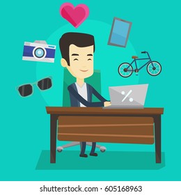 Young asian man using laptop for online shopping. Happy man doing online shopping. Man buying in online shop. Guy buying on internet. Vector flat design illustration. Square layout.