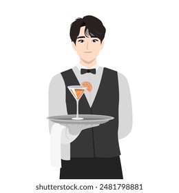 Young asian man waiter offering cocktail serving table in the cafe. Flat vector illustration isolated on white background