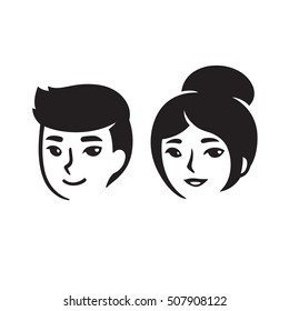 Young Asian man and woman. Beautiful cartoon faces, isolated vector illustration.