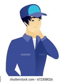 Pensamiento mecánico joven asiático. Pensar en mecánico con la mano en la barbilla. Pensamiento mecánico y mirar hacia el costado. Ilustración de diseño plana vectorial aislada en fondo blanco.