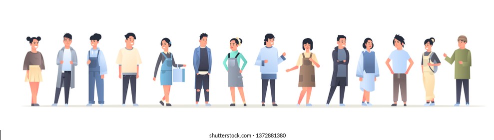 Young Asian Men Women Group Wearing Casual Clothes Happy Attractive Guys Girls Standing Together Chinese Or Japanese Female Male Cartoon Characters Full Length Flat Horizontal