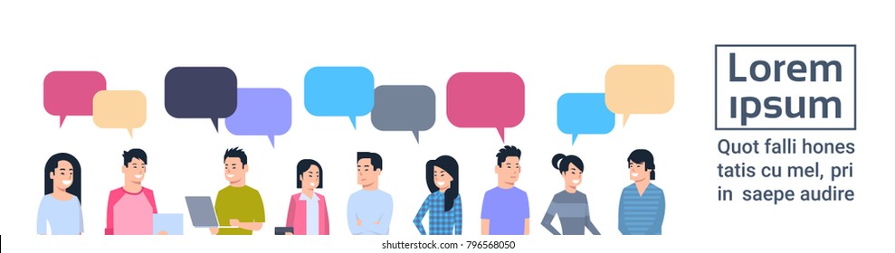 Young Asian Men And Women Group With Chat Bubbles Chinese Or Japanese Male And Female People Full Length Communication Concept Vector Illustration