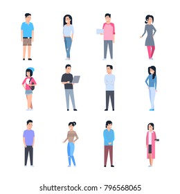 Young Asian Men And Women Icons Set Chinese Or Japanese Male And Female People Wearing Casual Clothes Full Length Isolated Vector Illustration