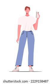 Young Asian modern man or student in casual clothes with a phone in her hand. Korean japanese asian cartoon style. Flat vector cartoon illustration isolated on white background.