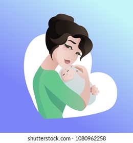 Young asian mother with baby in her hands. Hugging an infant, holding him close to mother, sleeping child. Character design for Mother s day greeting cards. Vector illustration, shape of heart.